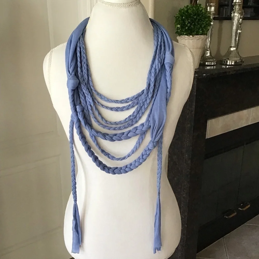 NEW Scarf Necklace Blue Multi Loop Braid Tassel Knot Multi Loop SOFT Knit Boho - Picture 2 of 9